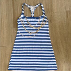 Blue and White Striped Dress with Gold Chain Detail